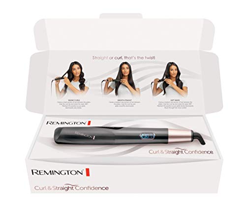 Remington Plancha de Pelo Curl & Straight Confidence - 2 en 1, Alisador y Rizador, Cerámica, Digital, Resultados Profesionales, Gris - S6606B