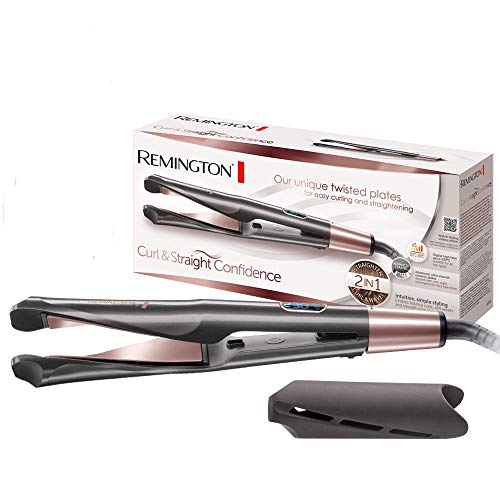Remington Plancha de Pelo Curl & Straight Confidence - 2 en 1, Alisador y Rizador, Cerámica, Digital, Resultados Profesionales, Gris - S6606B