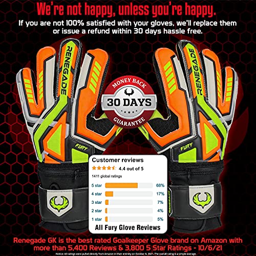 Renegade GK Fury Volt Guantes de Portero con Pro Protección Dedo | 4mm Giga Grip & 4mm Duratek | Guantes De Portero Niño (Talla 8, Niños-Adulto, Flat Gecko Cut, Level 4)