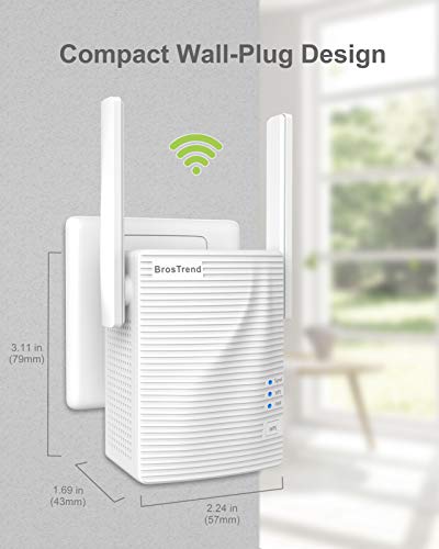 Repetidor wifi BrosTrend 1200Mbps, amplificador wifi, extensor wifi, intensificador wifi, amplía cobertura inalámbrica doble banda 5 GHz, 2.4 GHz, admite todas las redes de internet, 1 puerto Ethernet