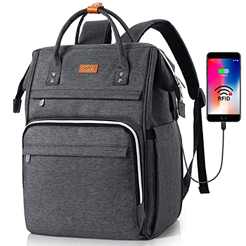 RJEU Mochila Portatil 17 Pulgadas con Bolsillo RFID,Mochila de ocio Mujer con Puerto de Carga USB para la Escolares/Escola/Negocios/Viajes (17 pulgadas Gris oscuro)