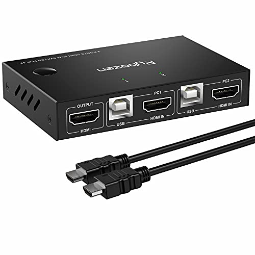 Rybozen HDMI KVM Switch 2 Puertos,4K@30Hz Conmutador KVM, Interruptor de tecla de Acceso rápido,1 Teclado, ratón y Monitor para Compartir 2 computadoras,con Cable