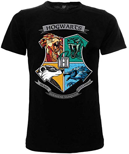 Sabor srl Camiseta original de Hogwarts con 4 casadas, color negro, oficial, para adulto y niño Negro L