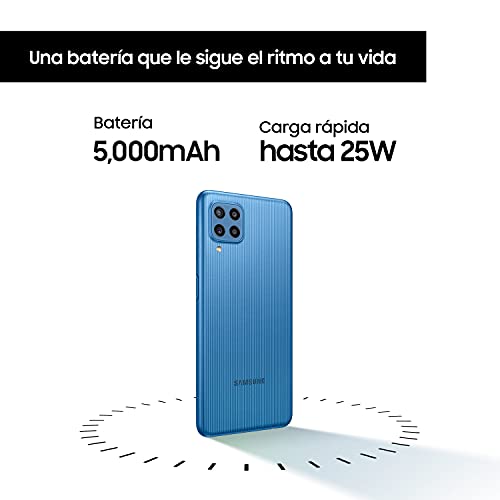 Samsung Galaxy M22 – Pantalla 6,4” (AMOLED HD+, 90Hz, 4GB RAM + 128GB almacenamiento, cuádruple cámara trasera, 5000 mAh carga rápida 25W) Azul [Versión Es]