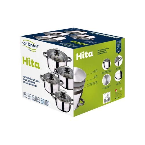 San Ignacio Bateria de cocina 8 piezas-acero inoxidable-tapas de vidrio-apta para inducción-Colección Hita, Ø16 Ø18 Ø20 y Ø24 cms