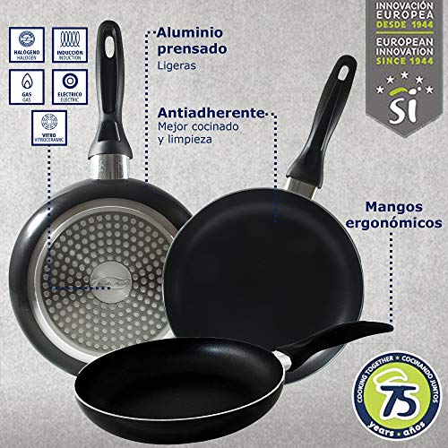 San Ignacio - Cocina - Batería 7 piezas Faro y Set 3 sartenes Ø16/Ø20/Ø24 cm, aluminio prensado, antiadherente, inducción