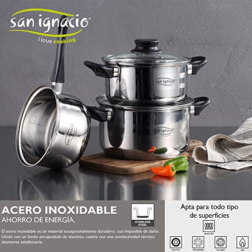 San Ignacio PK329 Set Juego de Tres sartenes + Batería de Cocina 5 Piezas, Cromado