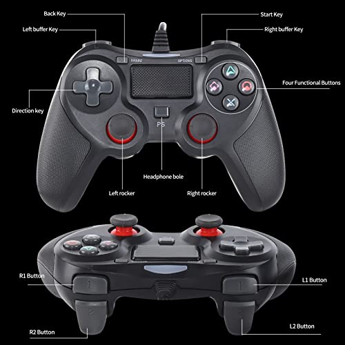 Sanliova Upgraded Wired Controller for PS4, Wired Joystick for Ps4with Turbo, Touch Panel Gamepad with Dual Vibration and LED Indicator 2 Meters Cable, Black