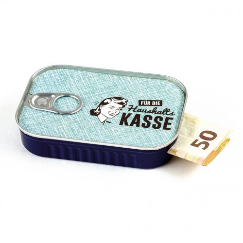 Scherzboutique “Mix 1” - Alcancía para regalar dinero en forma de lata de sardinas, incluye pegatina con mensaje individual, ideal para bodas, confirmaciones, mudanzas o como vales de dinero