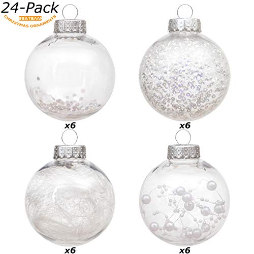 Sea Team 70mm/2.76" Adornos Variados Transparentes Bolas de Navidad,Decoraciones Ornamentales Resistente.para Colgar en el árbol de Navidad,Paquete de Regalar Portátil Set de Navidad(24pcs)