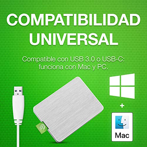 Seagate Ultra Touch SSD, 500 GB, Disco Duro Externo Portátil SSD, blanco, USB-C USB 3.0 para PC & MAC, 4 meses del Plan Adobe Creative Cloud Photography y 3 años de servicios Rescue (STJW500400)