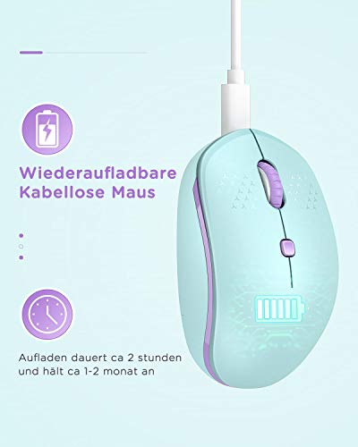 Seenda Ratón Bluetooth recargable (Dual Bluetooth 4.0 + 2,4 GHz) Ratón inalámbrico silencioso ergonómico, multidispositivo para ordenador portátil, PC, TV [verde menta -Ratón inalámbrico-verde menta]