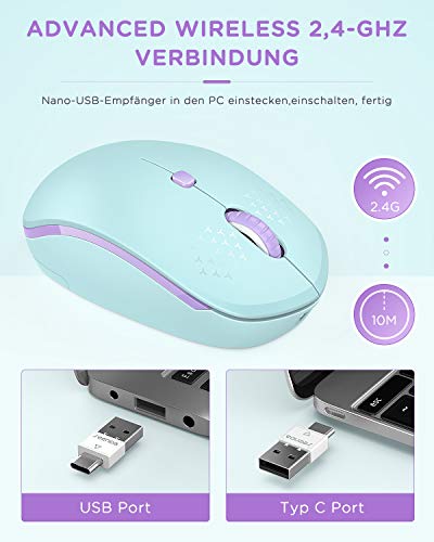 Seenda Ratón Bluetooth recargable (Dual Bluetooth 4.0 + 2,4 GHz) Ratón inalámbrico silencioso ergonómico, multidispositivo para ordenador portátil, PC, TV [verde menta -Ratón inalámbrico-verde menta]