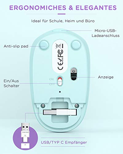 Seenda Ratón Bluetooth recargable (Dual Bluetooth 4.0 + 2,4 GHz) Ratón inalámbrico silencioso ergonómico, multidispositivo para ordenador portátil, PC, TV [verde menta -Ratón inalámbrico-verde menta]