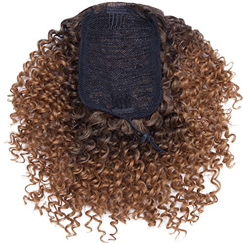SEGO Moño Postizo Rizado Afro Puff Pelo Sintético Se Ve Natural [Negro Natural/Castaño Café] Coleta Postiza Corta para Mujer Extensiones de Cabello Clip Pelucas (130g)
