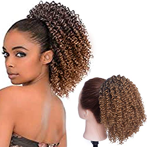 SEGO Moño Postizo Rizado Afro Puff Pelo Sintético Se Ve Natural [Negro Natural/Castaño Café] Coleta Postiza Corta para Mujer Extensiones de Cabello Clip Pelucas (130g)