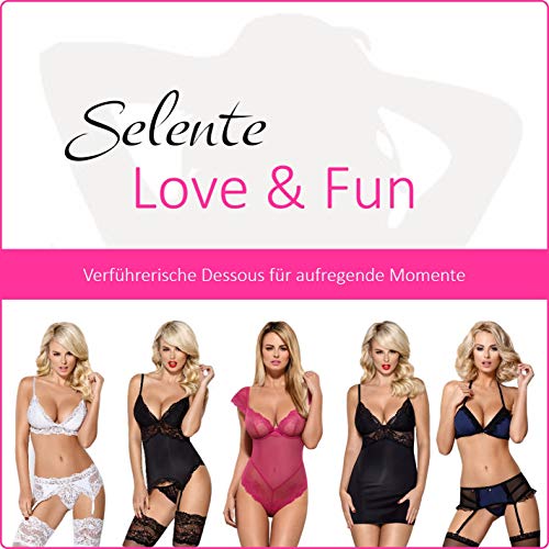 Selente Love & Fun - Juego de lencería seductora de 4 piezas para mujer, con sujetador, liguero, tanga y venda para los ojos de satén, fabricado en la UE, rosa pastel, S-M