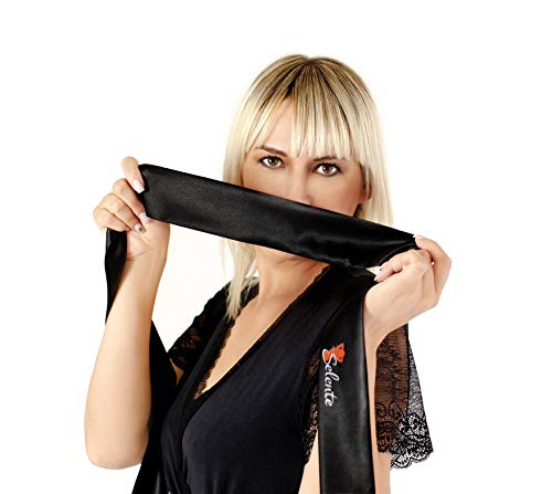 Selente Love & Fun - Juego de ropa interior seductora de 4 a 5 piezas, sujetador, liguero, parcialmente con liguero, tanga y venda de satén para los ojos, fabricado en la UE, negro-pink, S-M