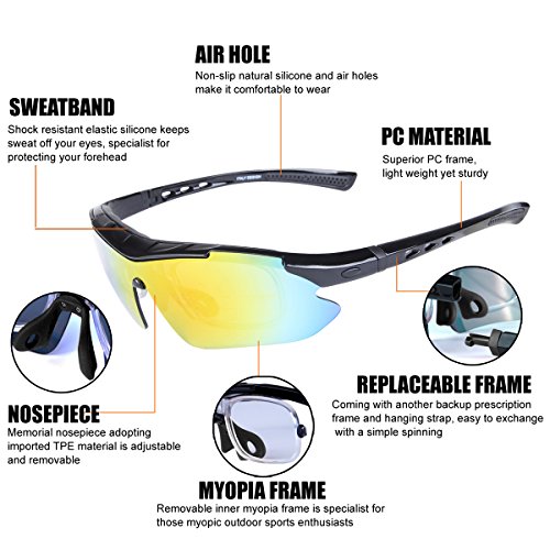 ShareWe Gafas de Ciclismo Unisex Gafas de Sol de Deportivas Polarizadas 5 Lentes Intercambiables para Deporte y Aire Libre Ciclismo Conducir Pesca Ski Esquiar Golf Correr (Negro)