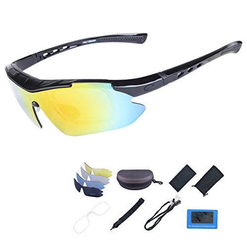 ShareWe Gafas de Ciclismo Unisex Gafas de Sol de Deportivas Polarizadas 5 Lentes Intercambiables para Deporte y Aire Libre Ciclismo Conducir Pesca Ski Esquiar Golf Correr (Negro)