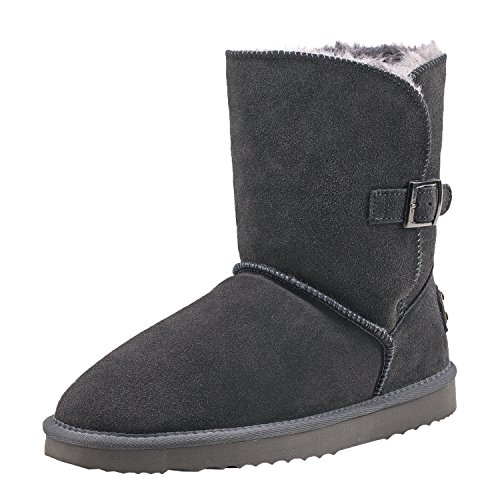 Shenduo Zapatos Invierno - Botas de Nieve de cuero con botón forradas planas clásicas para Mujer DA5803 Gris 38