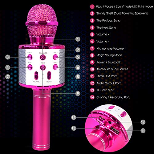 ShinePick Micrófono Karaoke Bluetooth, 4 en1 Microfono Inalámbrico Portátil con Luces LED para Niños Canta Partido Musica, Función de Eco, Compatible con Android, PC (Púrpura)