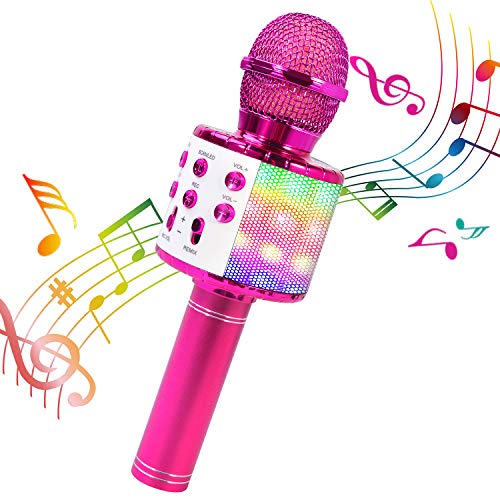 ShinePick Micrófono Karaoke Bluetooth, 4 en1 Microfono Inalámbrico Portátil con Luces LED para Niños Canta Partido Musica, Función de Eco, Compatible con Android, PC (Púrpura)