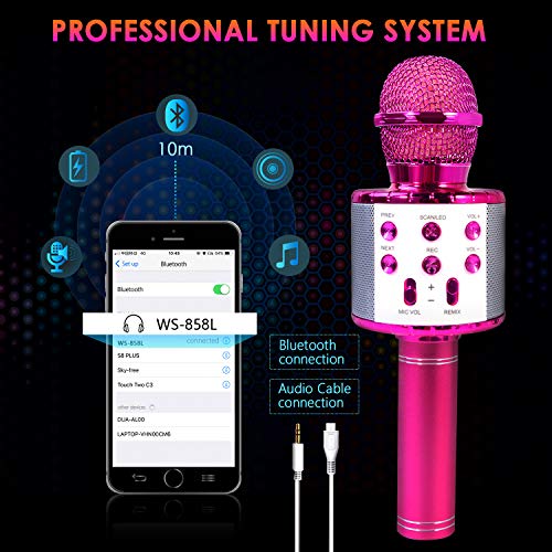 ShinePick Micrófono Karaoke Bluetooth, 4 en1 Microfono Inalámbrico Portátil con Luces LED para Niños Canta Partido Musica, Función de Eco, Compatible con Android, PC (Púrpura)