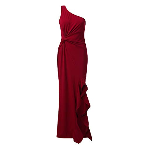 SHOBDW Vestidos Mujer Día De San Valentín Presente SóLido Un Hombro Vestido De Fiesta De Noche Formal Elegante con Pliegues Altos con Volantes De Hendidura Elegante Maxi Vestidos Largos(Rojo,XL)