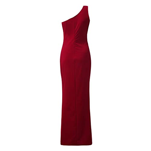 SHOBDW Vestidos Mujer Día De San Valentín Presente SóLido Un Hombro Vestido De Fiesta De Noche Formal Elegante con Pliegues Altos con Volantes De Hendidura Elegante Maxi Vestidos Largos(Rojo,XL)