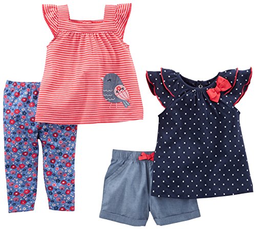 Simple Joys by Carter's - Juego de ropa de juego para niñas (4 piezas) ,Navy Dot/Red Stripe Bird ,6-9 Months