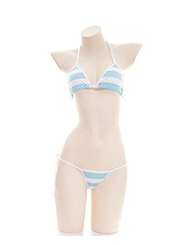 SINROYEE Conjunto de lencería sexy para mujer japonés anime bikini traje de baño raya con rayas muslo calcetines altos - azul - Talla Única