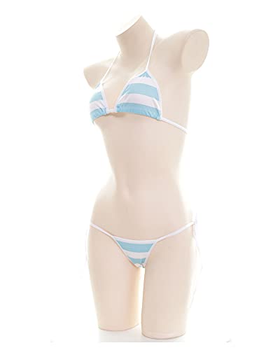 SINROYEE Conjunto de lencería sexy para mujer japonés anime bikini traje de baño raya con rayas muslo calcetines altos - azul - Talla Única