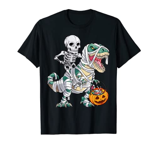 Skeleton Riding Mummy Dinosaur T rex Halloween Kids Boys Men Camiseta