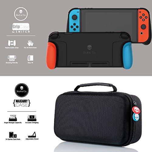 Skull & Co. GripCase Set: A Dockable Protective Case with Replaceable Grips [to fit All Hands Sizes] for Nintendo Switch [with Carrying Case] - Neon Green(L)+Neon Pink(R)