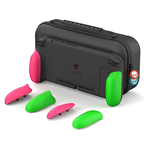 Skull & Co. GripCase Set: A Dockable Protective Case with Replaceable Grips [to fit All Hands Sizes] for Nintendo Switch [with Carrying Case] - Neon Green(L)+Neon Pink(R)