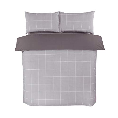 Sleepdown Grid Check - Juego de Funda de edredón Reversible de fácil Cuidado, con Funda de Almohada, 135 x 200 cm, Color Gris