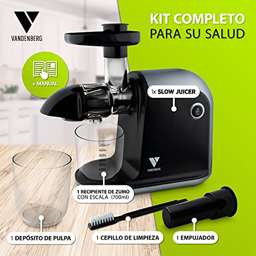 Slow Juicer de Vandenberg: exprimidor silencioso para verduras y frutas [150 W] - Exprimidor eléctrico con función inversa, que conserva las vitaminas - Con cepillo de limpieza