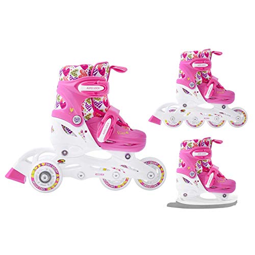 SMJ Hearts - Patines en línea para niña (3 en 1, ajustables, ABEC5, convertibles en patines de hielo (XS (26-29))