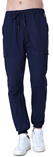 Socluer Cinturón de algodón elástico de los Hombres Pantalones de Carga Largos con cordón Bolsillos Laterales Pantalones Deportivos Pantalones de Jogging Ropa Deportiva (Navy, M)