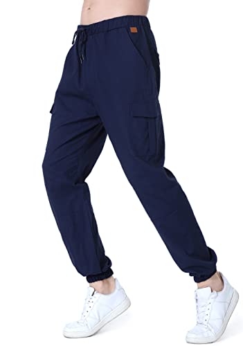 Socluer Cinturón de algodón elástico de los Hombres Pantalones de Carga Largos con cordón Bolsillos Laterales Pantalones Deportivos Pantalones de Jogging Ropa Deportiva (Navy, M)