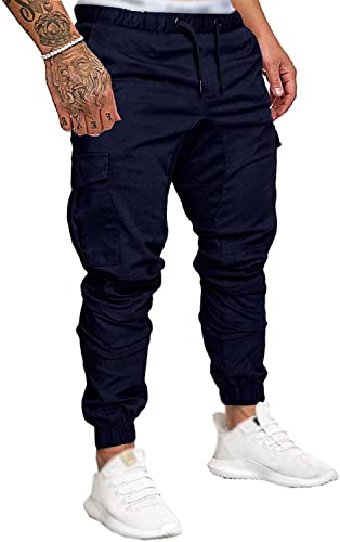 Socluer Cinturón de algodón elástico de los Hombres Pantalones de Carga Largos con cordón Bolsillos Laterales Pantalones Deportivos Pantalones de Jogging Ropa Deportiva (Navy, M)