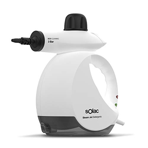 Solac Steam Jet Detergenic - Limpiador a vapor; 1200W; 3 bar; 30g/min; depósito gel hidroalcohólico o detergente; listo en 3 min; depósito agua 175ml; cable extra largo 3m; 6 accesorios; blanco