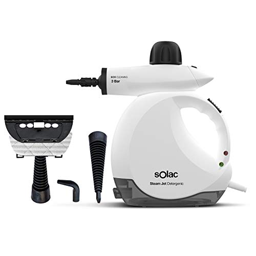 Solac Steam Jet Detergenic - Limpiador a vapor; 1200W; 3 bar; 30g/min; depósito gel hidroalcohólico o detergente; listo en 3 min; depósito agua 175ml; cable extra largo 3m; 6 accesorios; blanco