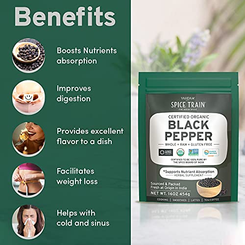 SPICE TRAIN, Pimienta Negra Grano Entera (454g) | Envase Auto-cierre, Especias Indias 100% Puras | Ideal para Cocinar, Batidos, Cafés, Leche y Té- Vegana, Sin Gluten