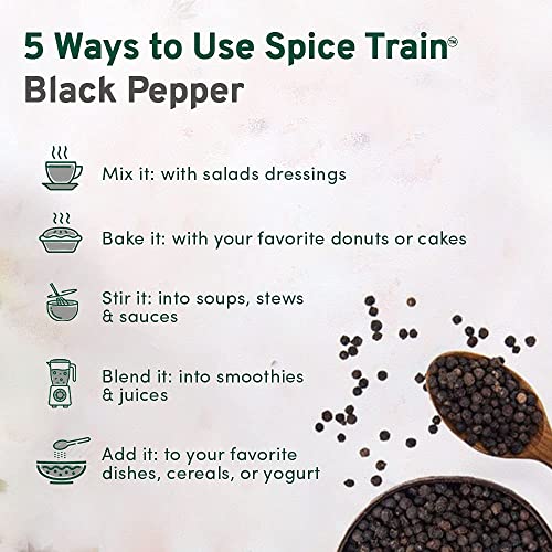 SPICE TRAIN, Pimienta Negra Grano Entera (454g) | Envase Auto-cierre, Especias Indias 100% Puras | Ideal para Cocinar, Batidos, Cafés, Leche y Té- Vegana, Sin Gluten