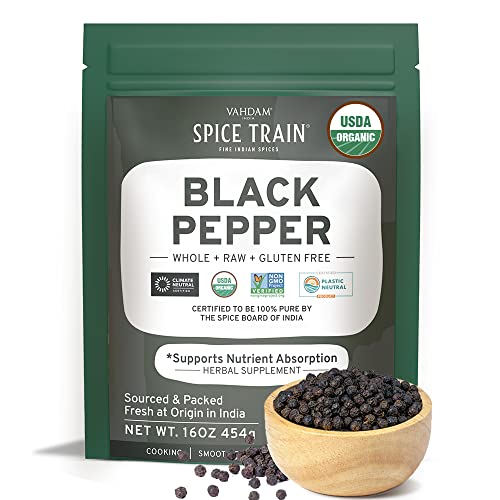 SPICE TRAIN, Pimienta Negra Grano Entera (454g) | Envase Auto-cierre, Especias Indias 100% Puras | Ideal para Cocinar, Batidos, Cafés, Leche y Té- Vegana, Sin Gluten