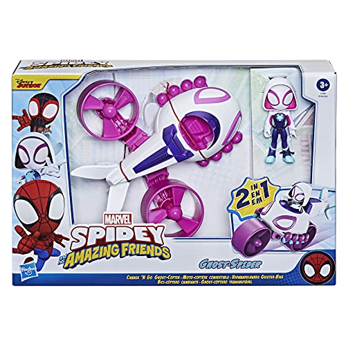 SPIDEY AND HIS AMAZING FRIENDS Marvel Ghost-cóptero Change 'N Go y Figura de Ghost-Spider de 10 cm - Vehículo 2 en 1 - Edad: 3+