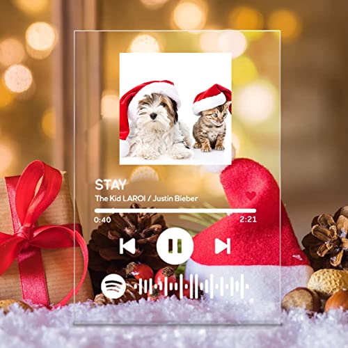 Spotify Placa Foto Personalizada Acrílico Canción Álbum Cubierta, Placa de Música con Luz de Noche Base Arte en Vidrio Perro Plato Señales Navidad Regalo