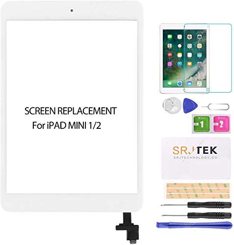 SRJTEK Reemplazo de pantalla para IPad Mini 1 2 A1432, A1454, A1455, A1489, A1490, Lente de cristal digitalizador de pantalla táctil con IC Chip Flex Cable Assembly(Blanco)